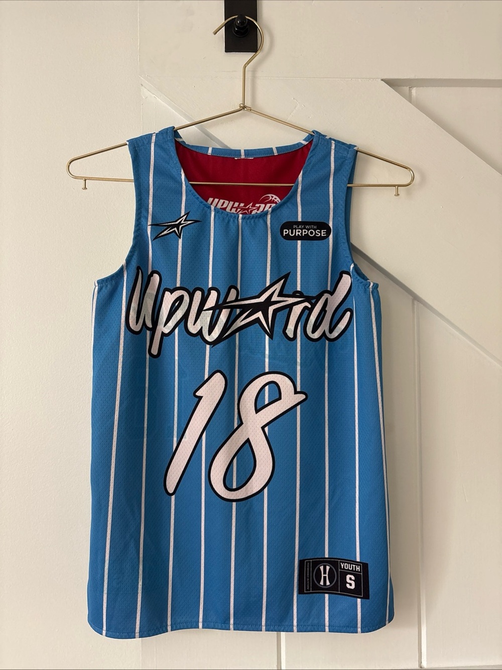 Upward Youth Small Blue White Pinstripe Basketball Jersey #18 Play With Purpose